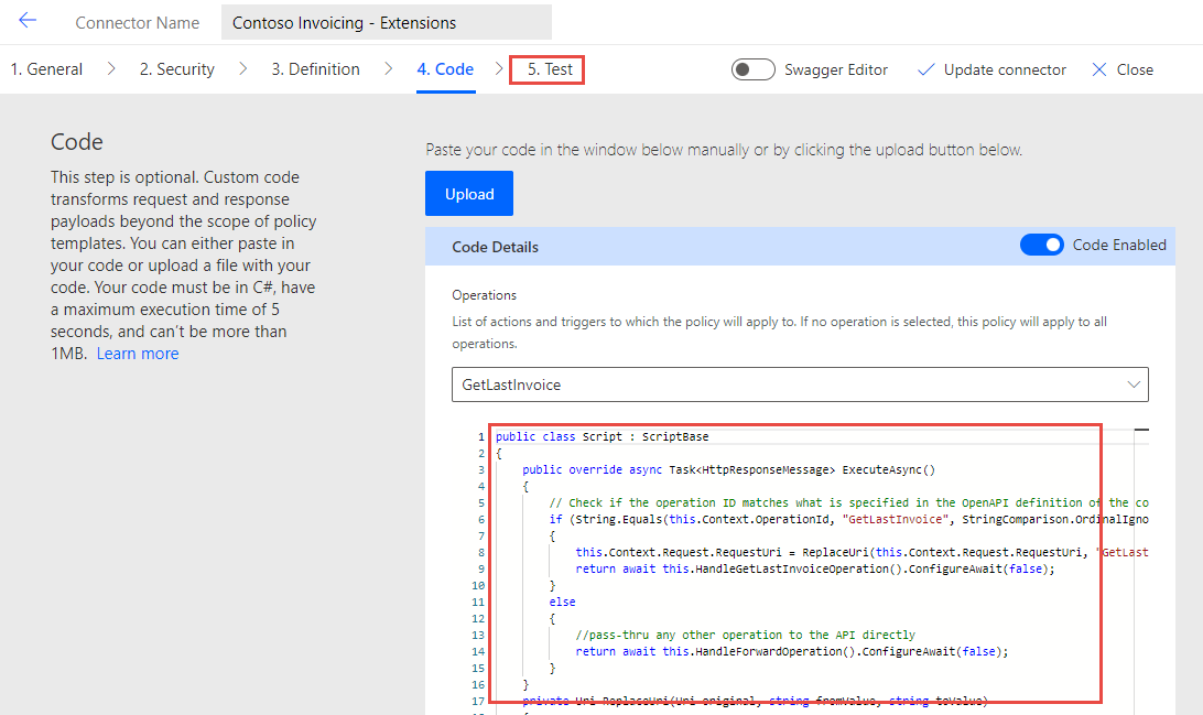 Screenshot showing the code and the test tab.