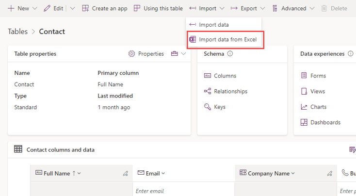 Screenshot of the option to import data from Excel in Power Apps.