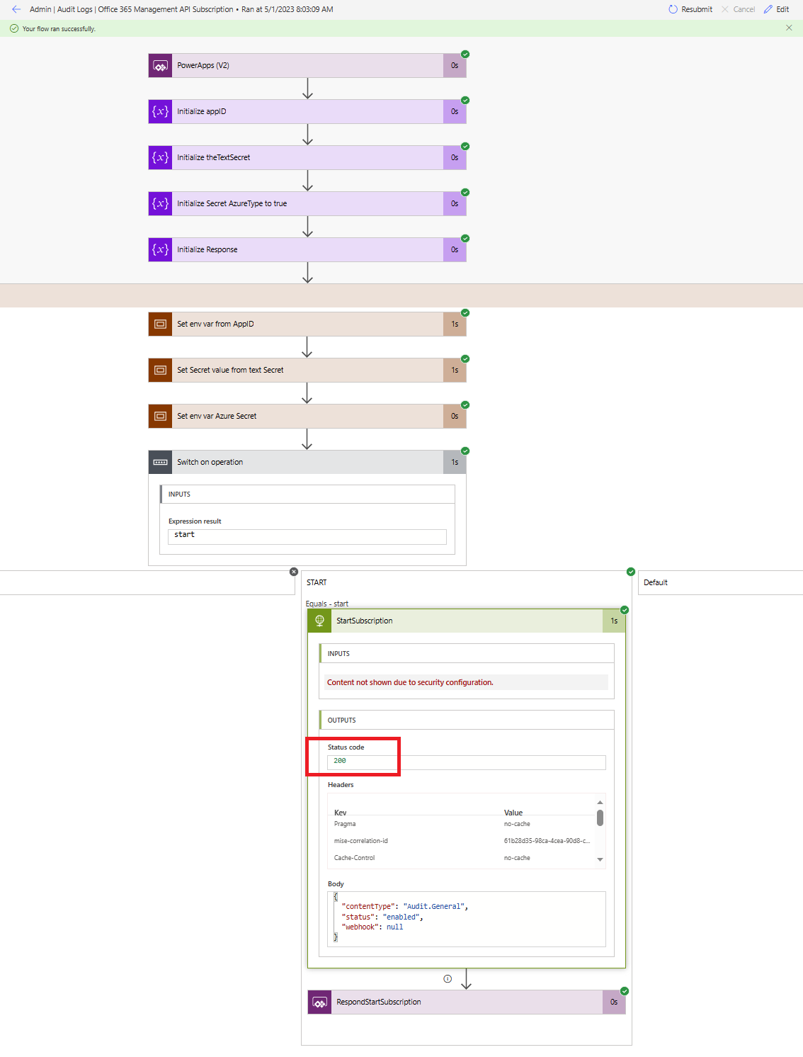 Screenshot of the StartSubscription flow with status code highlighted.
