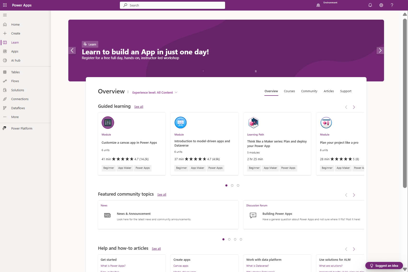 Screenshot of the Learning Overview page of the Power Apps Maker portal.