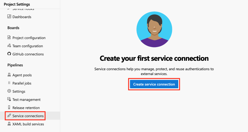 Zrzut ekranu usługi Azure DevOps przedstawiający kroki tworzenia połączenia z usługą.