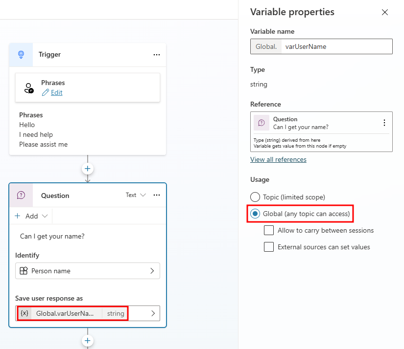 Screenshot of the agent variable properties.