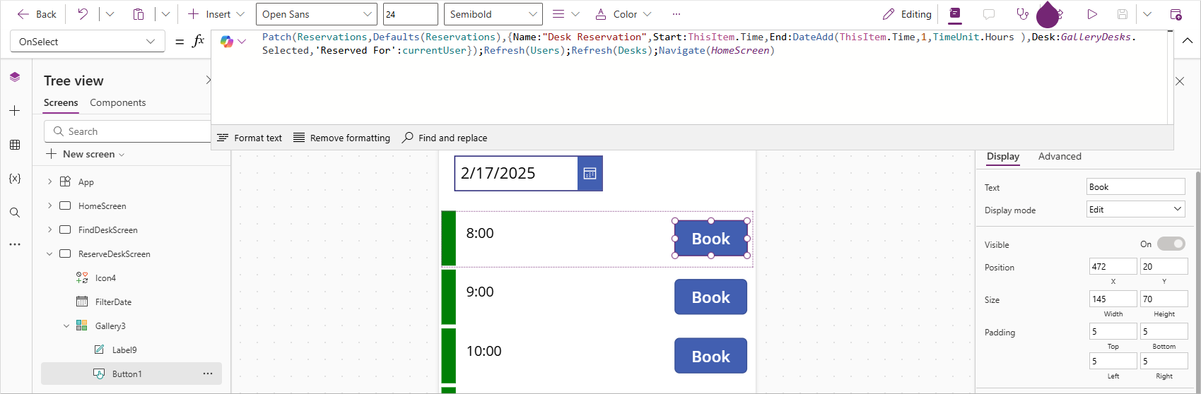 Screenshot of the OnSelect button and its formula.