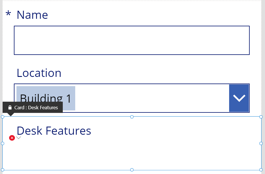 Screenshot of the automatically generated form that includes a Desk Features data card for a many-to-many field.