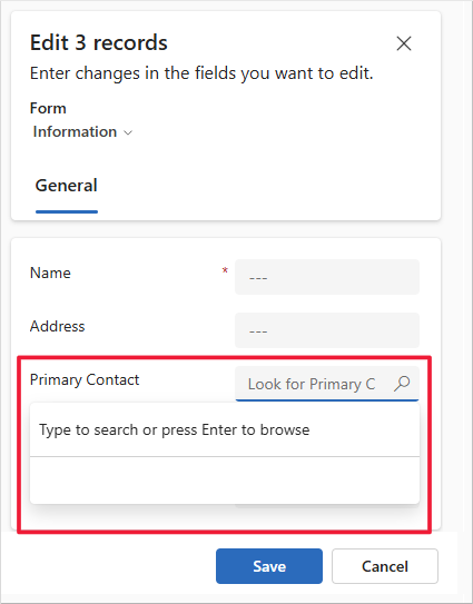 Screenshot of the Primary Contact field, with the user selected.