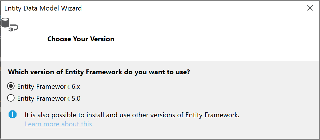 Zrzut ekranu przedstawiający opcje wersji programu Entity Framework.