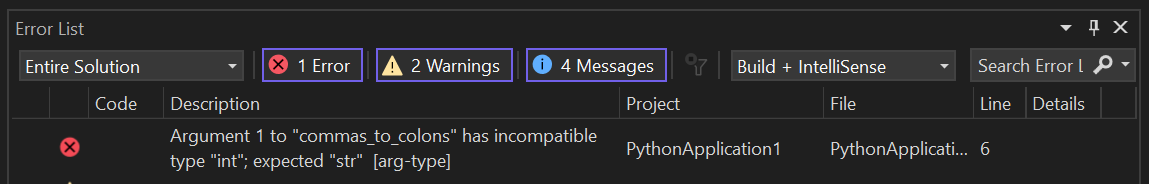 Zrzut ekranu przedstawiający przykładowy wynik Mypy sprawdzającego poprawność wskazówek dotyczących typów.