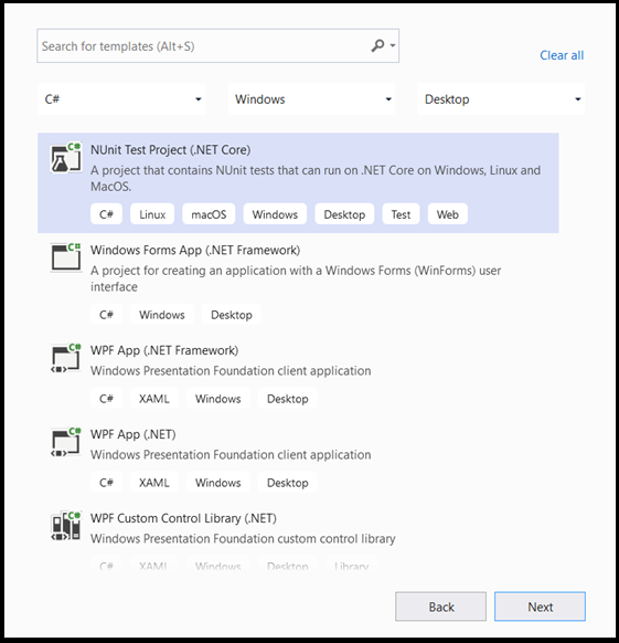 Tworzenie nowej aplikacji projektu testowego NUnit
