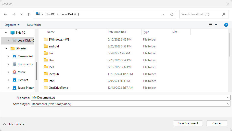 Zrzut ekranu selektora plików zapisywania z sugerowaną nazwą pliku 