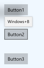 Zrzut ekranu przedstawiający trzy przyciski Button1, Button2 i Button3 z podpowiedzią nad Button2, która wskazuje obsługę akceleratora Windows+B.