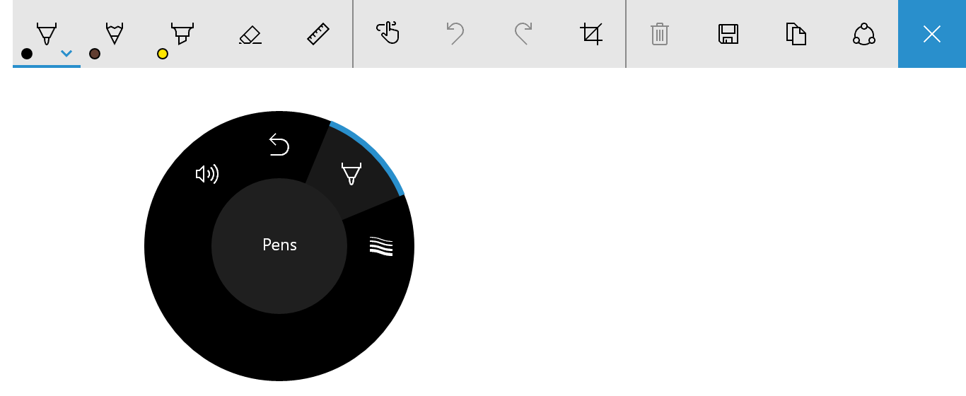 Menu Surface Dial z narzędziem wyboru pióra dla paska narzędzi Windows Ink