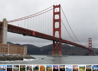 Pasek miniatur zdjęć pod albumem fotograficznym FlipView.