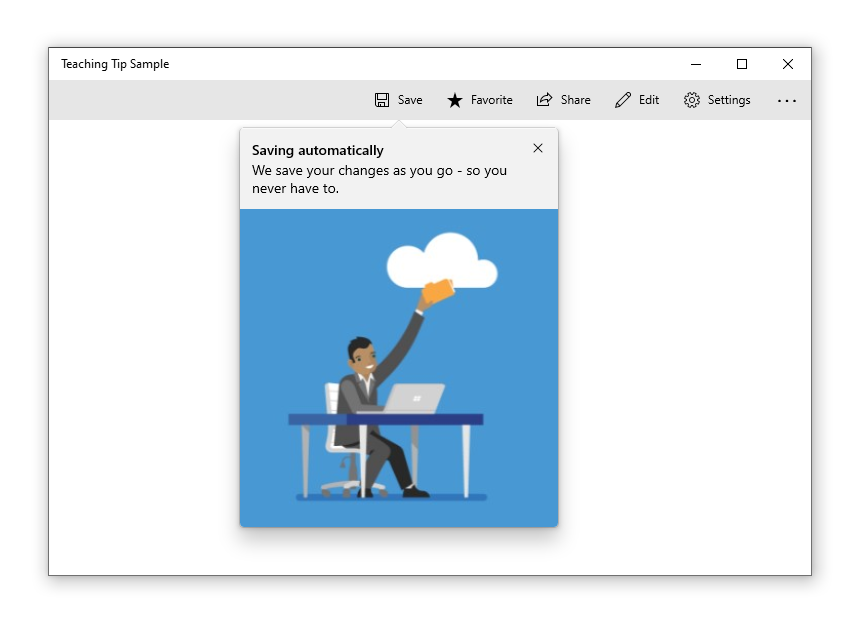 Przykładowa aplikacja z poradą dydaktyczną dotyczącą przycisku zapisywania. Tytuł porady brzmi 