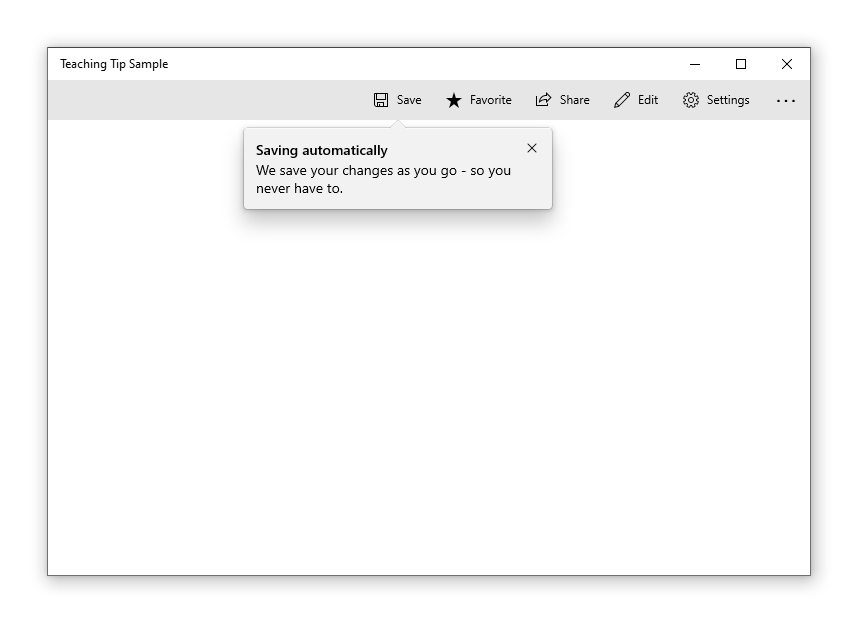 Przykładowa aplikacja z poradą dydaktyczną skierowaną do przycisku zapisywania. Tytuł porady brzmi 