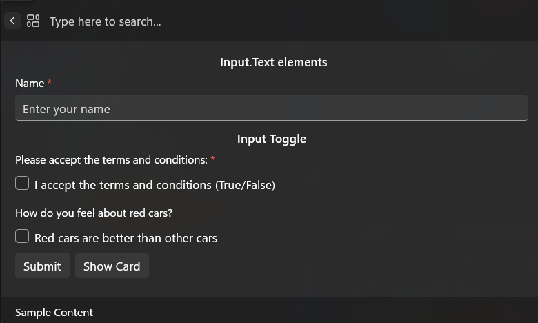 Zrzut ekranu przedstawiający rozszerzenie używające elementu ContentPage dla formularza z przełącznikami