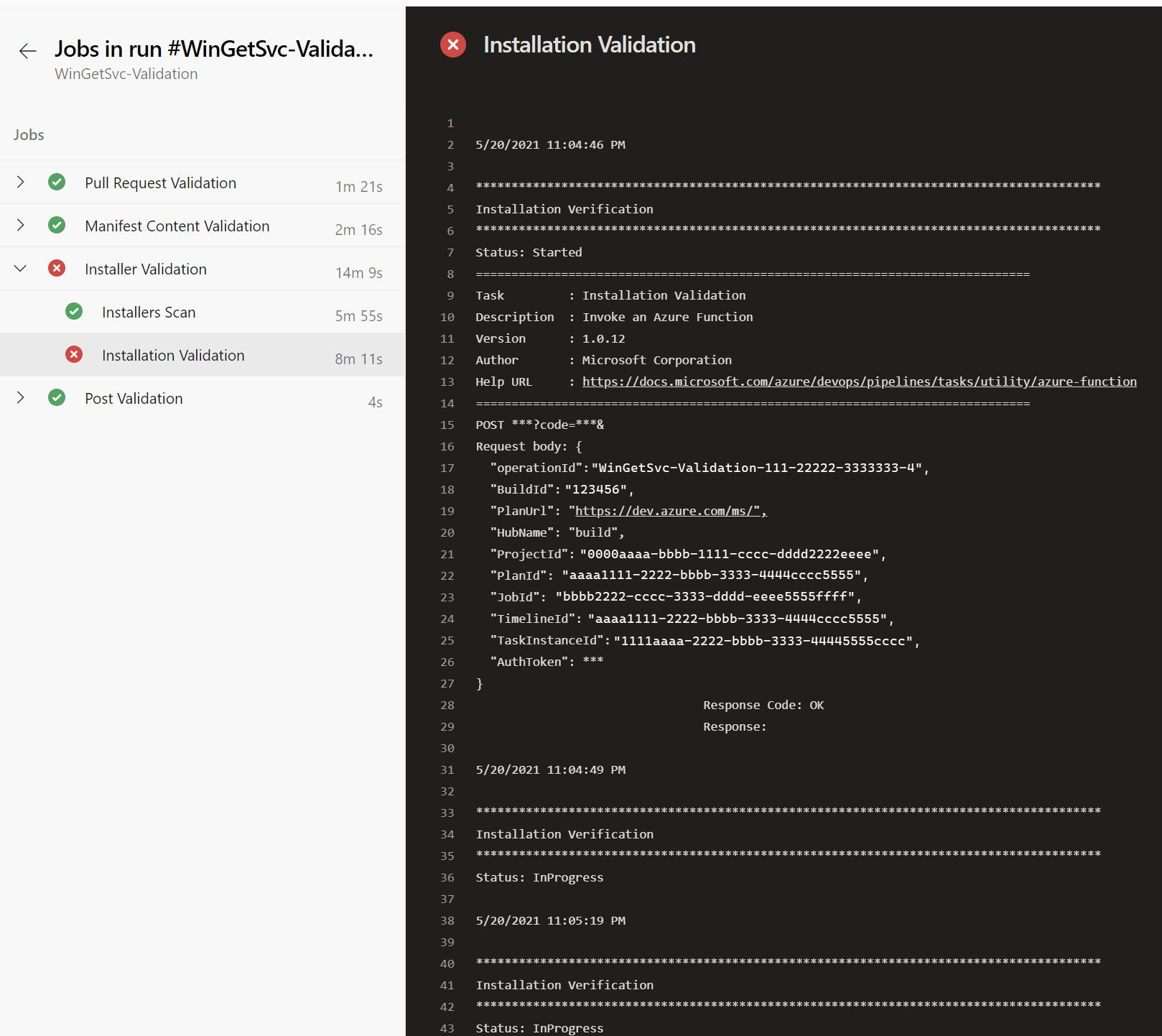 Zrzut ekranu przedstawiający dane wyjściowe zadania, które zakończyło się niepowodzeniem.