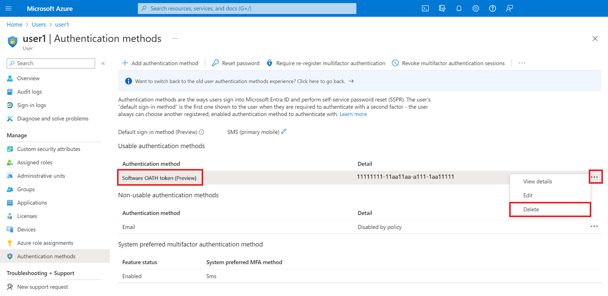 Captura de tela da página Métodos de autenticação no portal do Azure com o item de menu Métodos de autenticação, método de autenticação com token de software OATH e Botão Excluir realçados