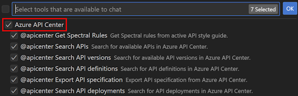 Captura de tela da seleção das ferramentas do Centro de API no Visual Studio Code.