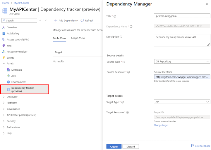 Captura de tela da adição de uma dependência no portal.