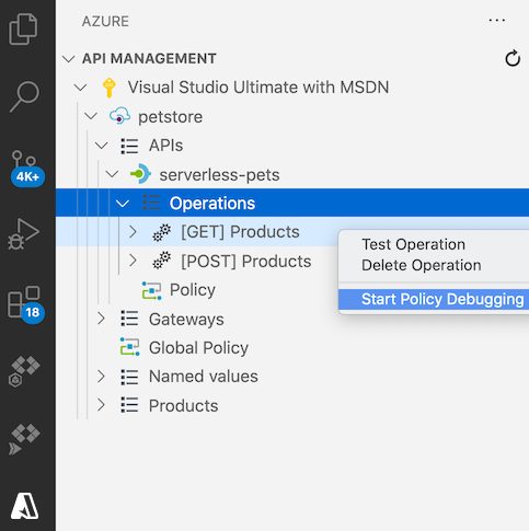 Captura de tela se estiver iniciando uma sessão de depuração de política no Visual Studio Code.