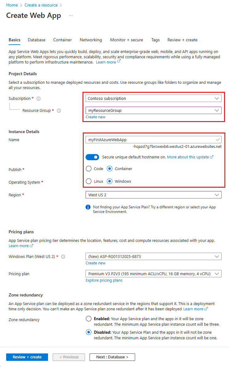 Captura de tela que mostra como criar um aplicativo Web para contêineres.