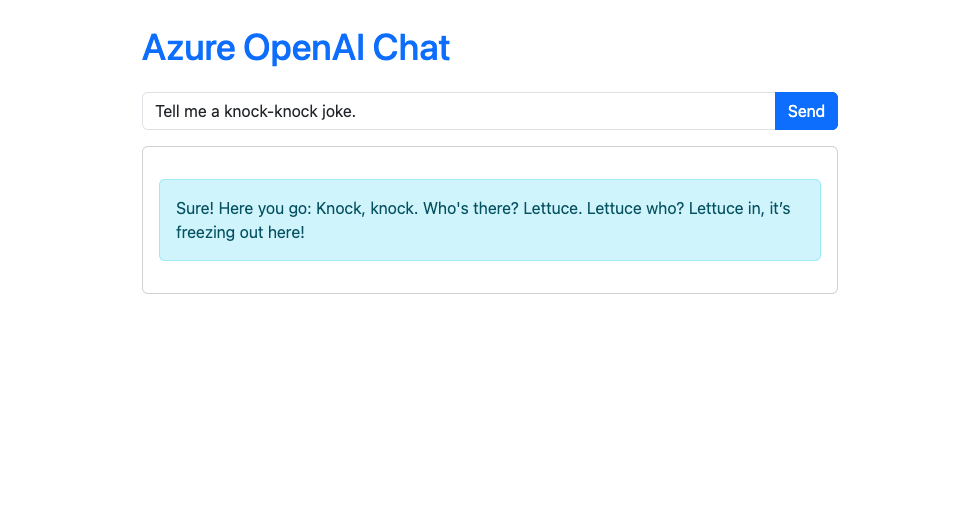 Captura de tela mostrando o chatbot em execução no Serviço de Aplicativo do Azure.