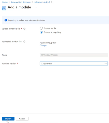 Captura de tela da importação de módulos para sua conta de Automação.