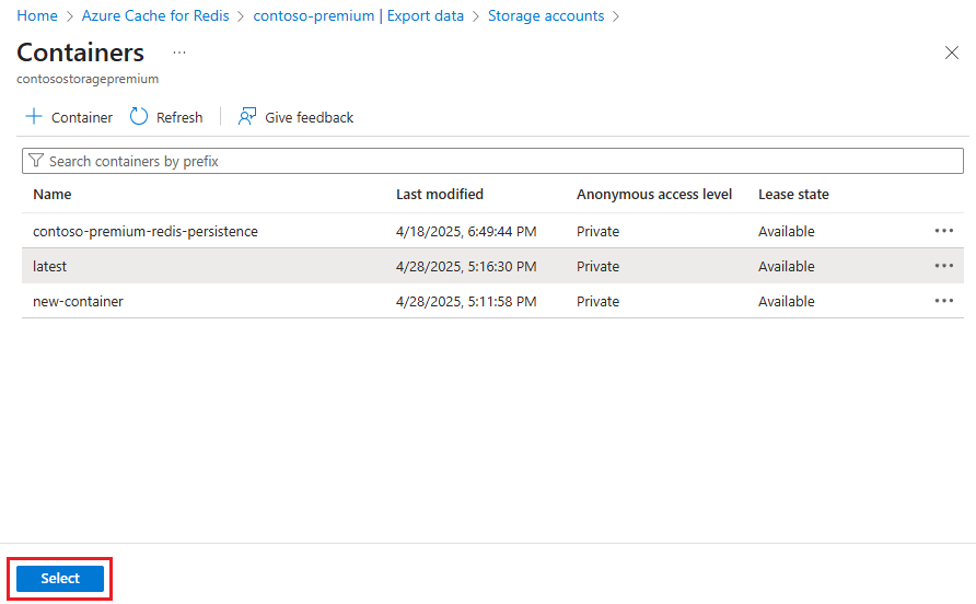 Captura de tela mostrando o contêiner de armazenamento selecionado e o botão Selecionar.