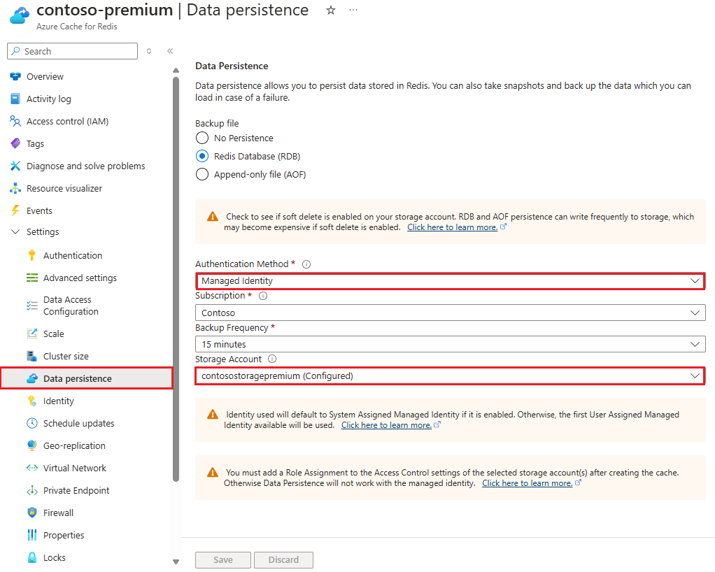 Captura de tela que mostra o painel de persistência de dados com o método de autenticação selecionado.