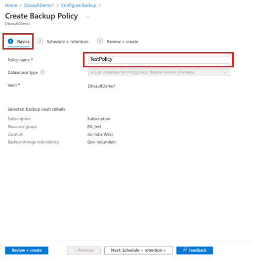 A captura de tela mostra como fornecer o nome da política de backup.