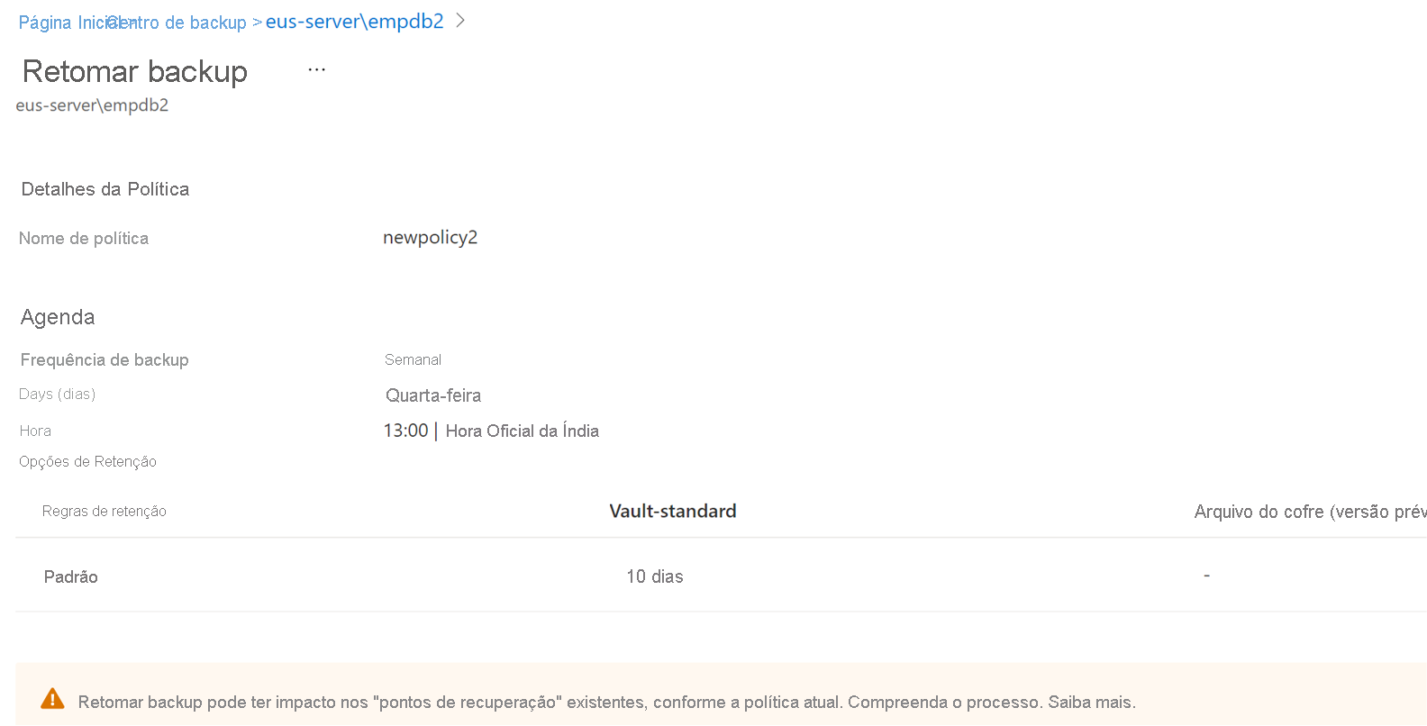 Captura de tela que mostra detalhes de um backup de dados retomado.