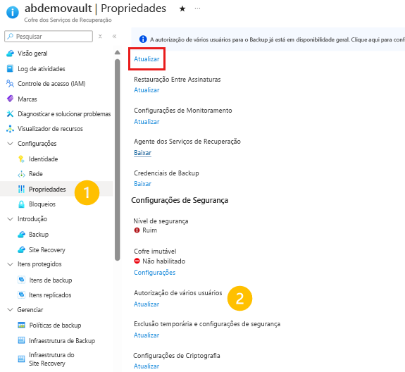 Captura de tela mostrando as propriedades do cofre dos Serviços de Recuperação.