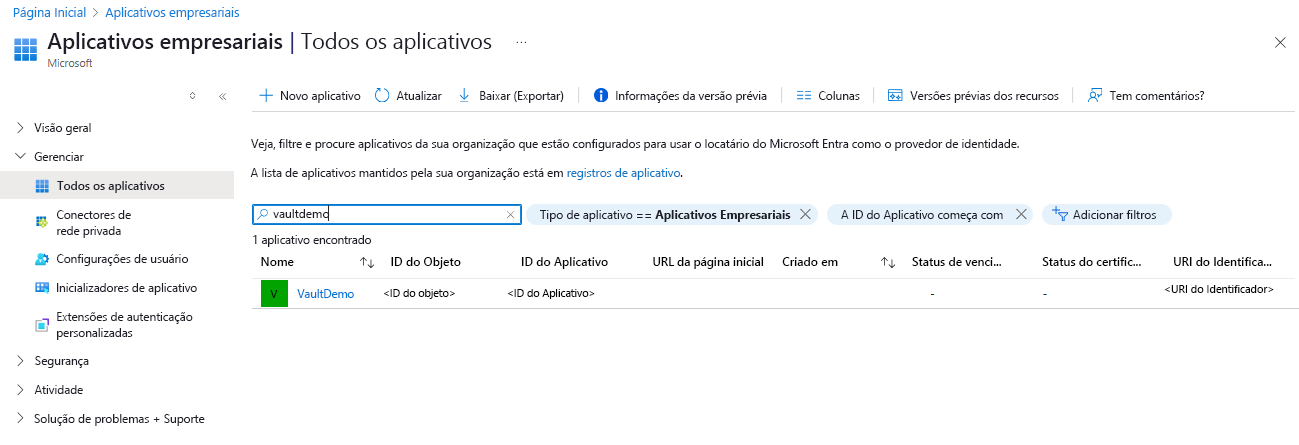Captura de tela que mostra as seleções para obter a ID do aplicativo da identidade de serviço gerenciada de um cofre de backup.