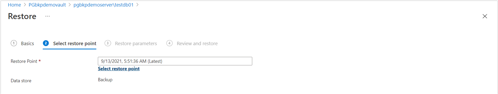Captura de tela que mostra a guia para selecionar um ponto de recuperação.
