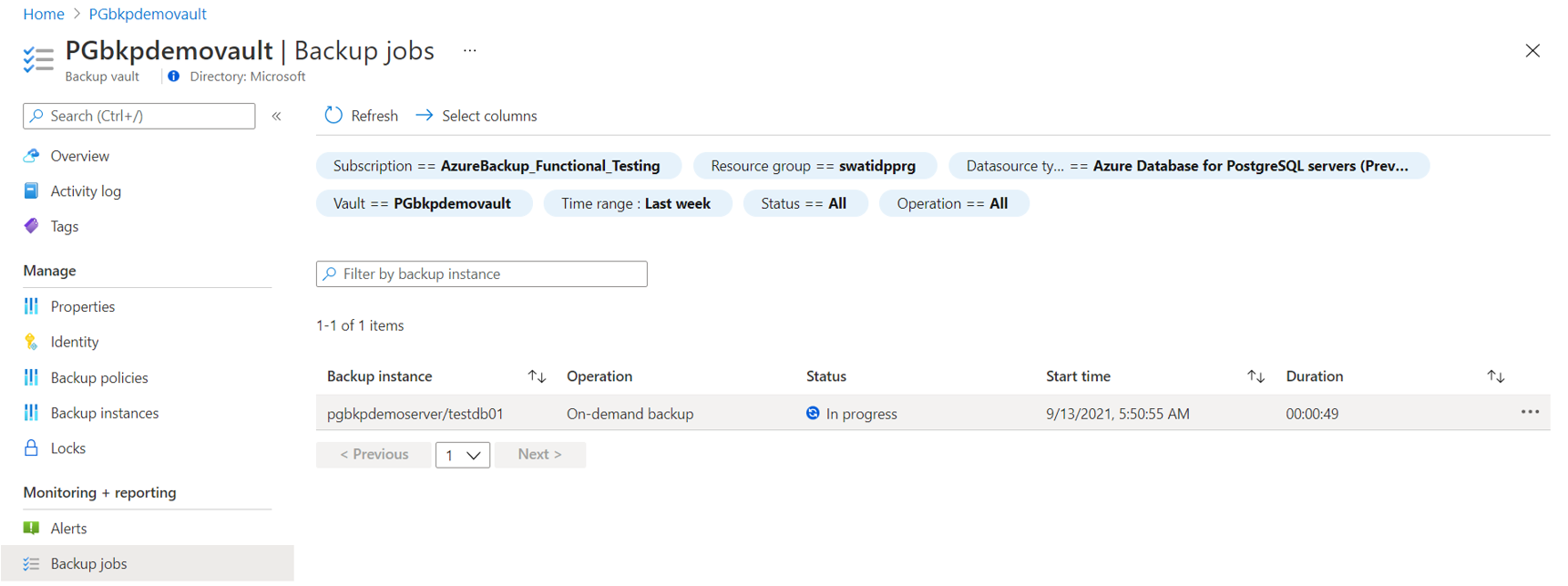 Captura de tela que mostra um trabalho disparado acompanhado no painel para trabalhos de backup.