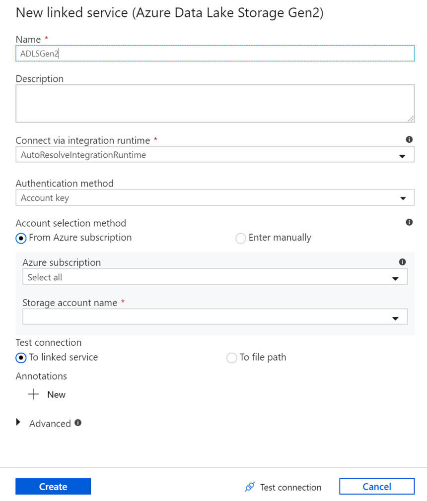 Captura de tela do painel para criar um novo serviço vinculado para Azure Data Lake Storage.