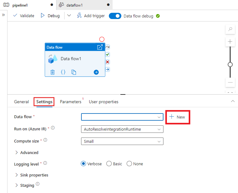 Captura de tela mostrando como abrir o editor de fluxos de dados do editor de pipeline.