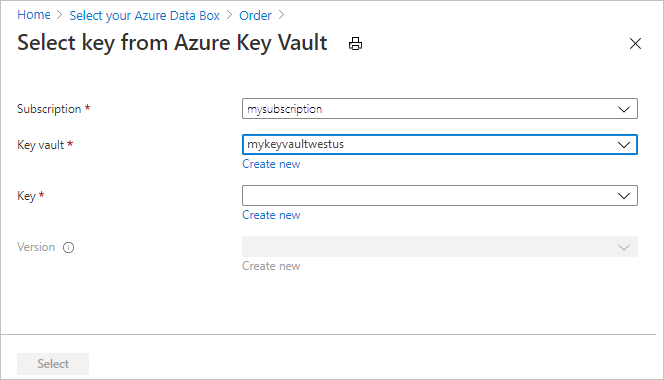 Captura de tela dos controles presentes ao definir as configurações existentes do Azure Key Vault na guia Segurança da ordem de exportação do Data Box.