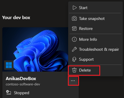 Captura de tela do portal do desenvolvedor mostrando o menu de ações para uma caixa de desenvolvimento e Excluir selecionado.