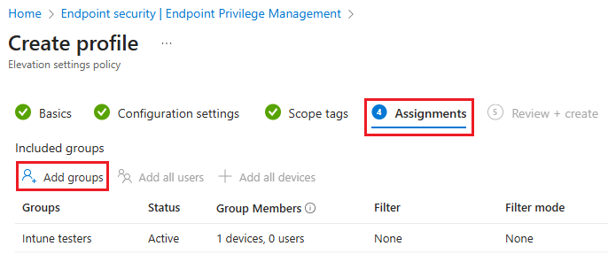 Captura de tela que mostra a guia Criar atribuições de perfil com Adicionar grupos realçados.
