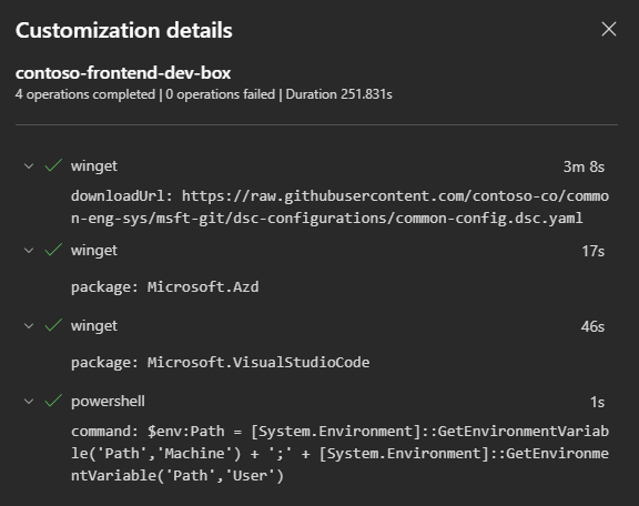 Captura de tela do painel para detalhes de personalizações, mostrando as personalizações que foram aplicadas ao computador de desenvolvimento.