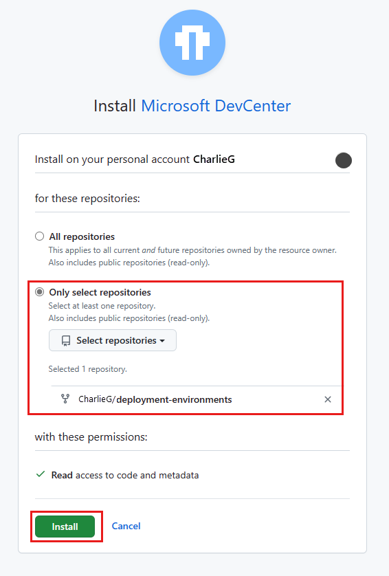 Captura de tela da página Instalar o Microsoft DevCenter, com um repositório selecionado e realçado.
