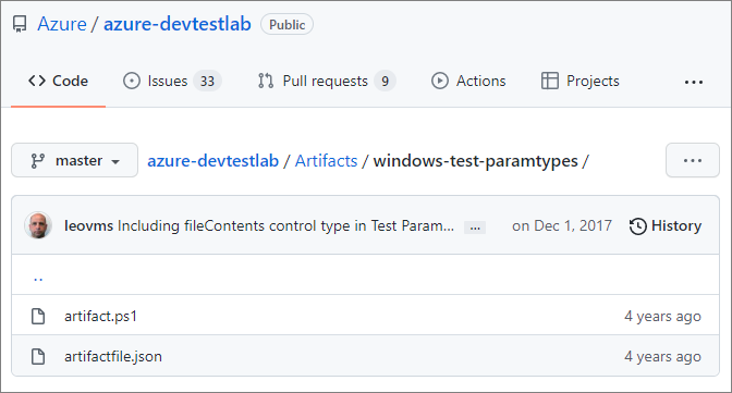 Captura de tela que mostra uma pasta de artefato de exemplo.