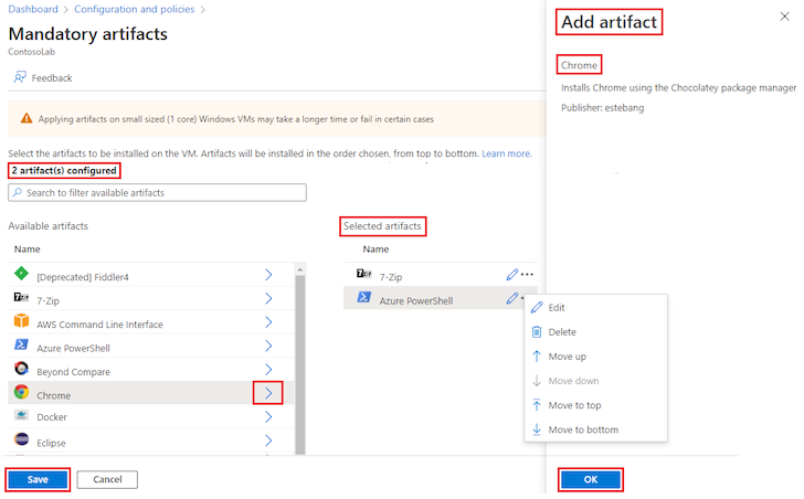 Captura de tela mostrando como acrescentar os artefatos obrigatórios na tela