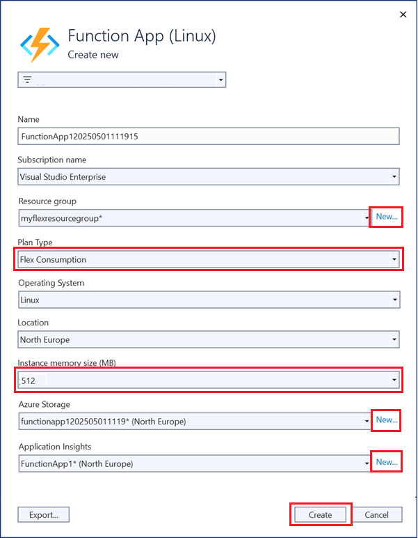 Captura de tela da caixa de diálogo Criar novo aplicativo de funções. Campos para o nome, assinatura, grupo de recursos, plano e outras configurações são preenchidos.