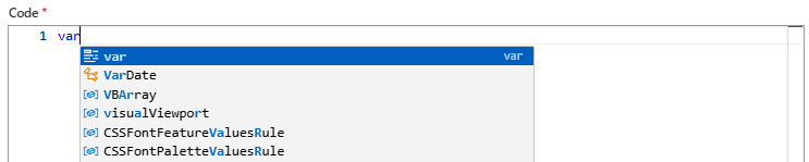 Captura de tela que mostra o fluxo de trabalho de Consumo, a ação Executar Código JavaScript e a lista de preenchimento automático de palavras-chave.