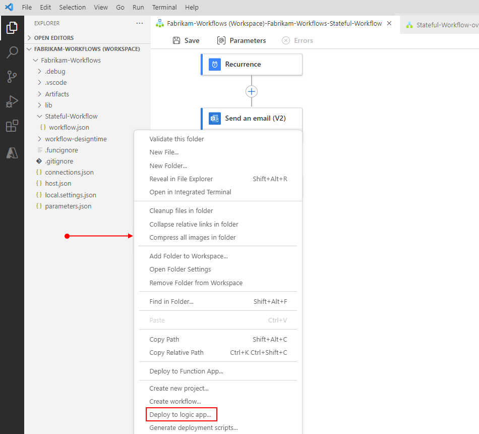 A captura de tela mostra o painel Explorador, o menu de atalho aberto da área em branco no projeto e a opção selecionada para Implantar no aplicativo lógico.
