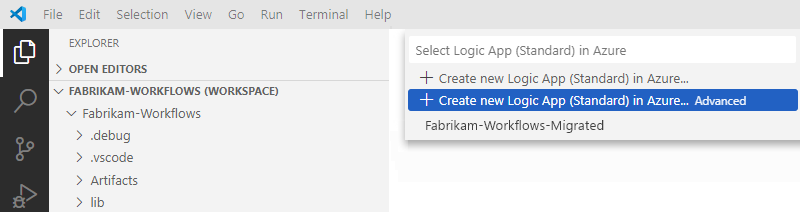 A captura de tela mostra a lista de opções de implantação e a opção selecionada para criar um novo recurso de aplicativo lógico padrão com etapas personalizadas.