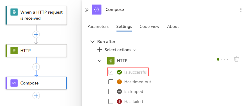 A captura de tela mostra a execução atual após o status definido como É bem-sucedido.