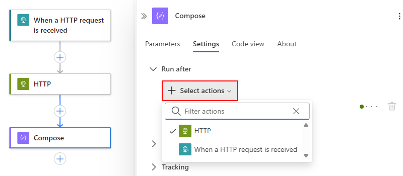 A captura de tela mostra a lista de ações de Seleção com operações predecessoras.